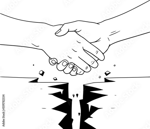 A symbol of reconciliation and overcoming differences. Two hands reach across the divide and exchange a handshake, representing the resolution of conflicts and the restoration of cooperation.