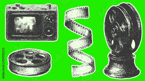 Vintage film, camera, reel, and projector set in black and white. Handdrawn vector illustration with isolated retro equipment.