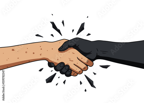 A symbol of reconciliation and overcoming differences. Two hands reach across the divide and exchange a handshake, representing the resolution of conflicts and the restoration of cooperation.