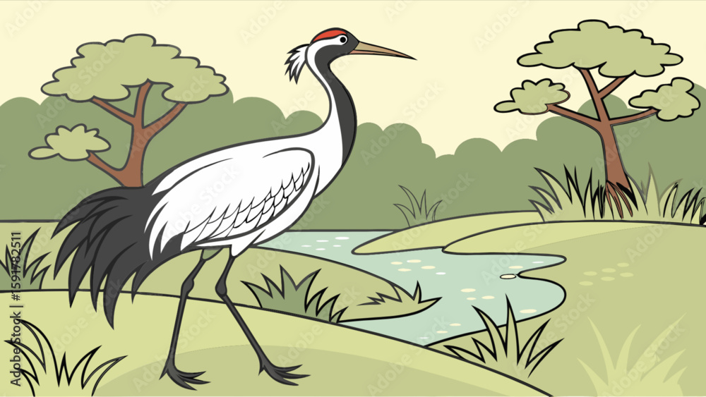 Naklejka premium Illustration of a red crowned crane walking near a pond with trees and bushes in the background scene