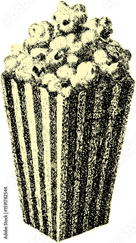 Popcorn in a striped box shown in vintage style. Retro handdrawn vector illustration related to cinema and movie themes.
