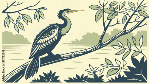 Anhinga bird perched on a tree branch near water with foliage and trees in the background artwork