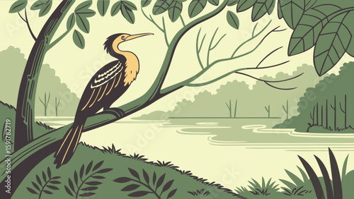 Oriental darter bird perched on a tree branch overlooking a serene lake in a lush green landscape