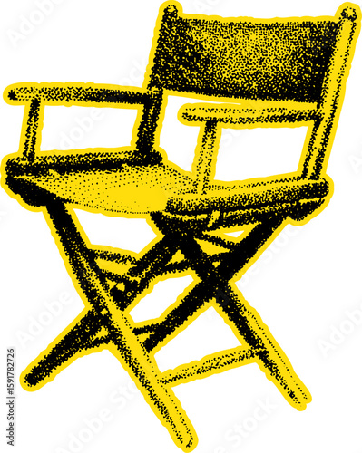Vintage director chair with armrest and backrest in sketch style. Classic folding seat on green background. Vector illustration.