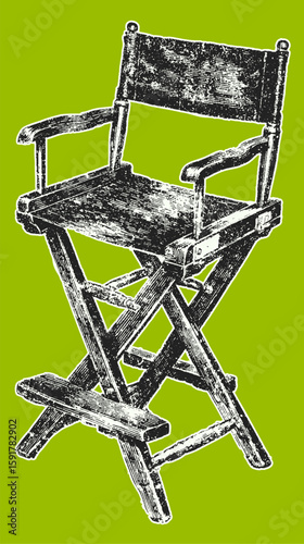 Vintage director chair with armrest and backrest in sketch style. Classic folding seat on green background. Vector illustration.