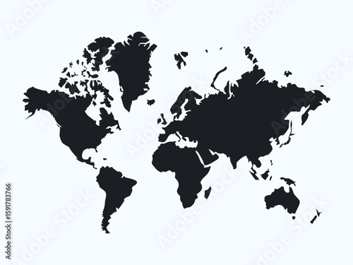 Global world map illustration in black, showing continents and geographical areas