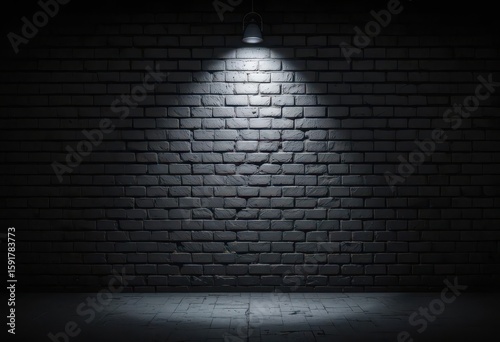  A gritty urban scene with a brick wall as the backdrop, illuminated by a single spotlight, evoking a sense of mystery.