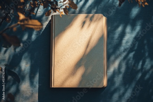 Old closed book with beige cover on blue textured fabric background with shadows of leaves. Top view photography for concept of vintage, reading, education, knowledge, and nature for design and print.