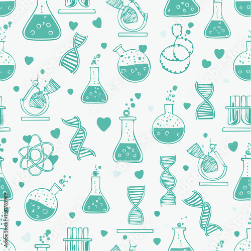 Repeating pattern of science lab equipment and DNA double helix elements with hearts.