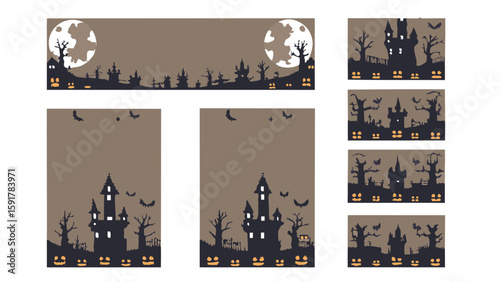 Illustrations of spooky halloween scenes with castles pumpkins and bats under a full moon light night