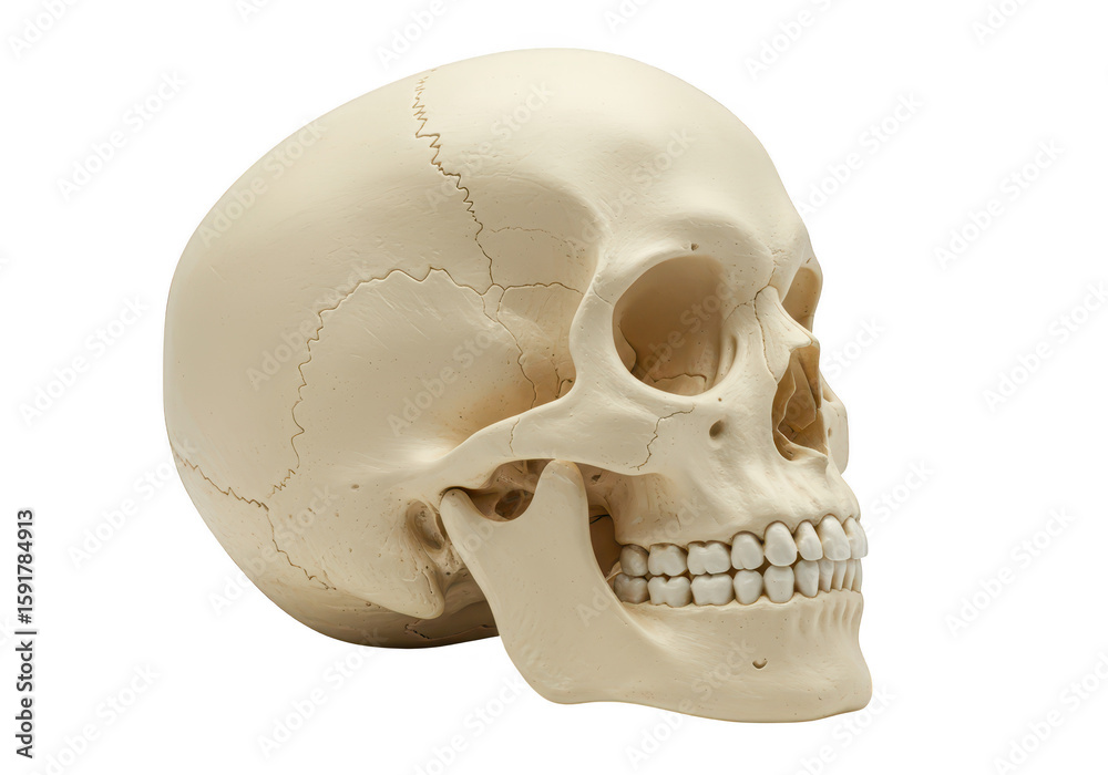 Naklejka premium A realistic human skull viewed from the side, isolated on a plain transparent background