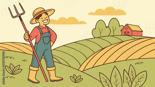 Vector art of a farmer with a pitchfork stands in a rural landscape