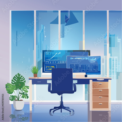Modern office workspace with panoramic city view, dual monitors displaying data, and minimalist design.