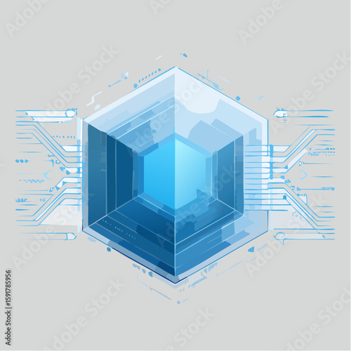Abstract hexagonal digital core with circuit board connections, showcasing technological innovation.