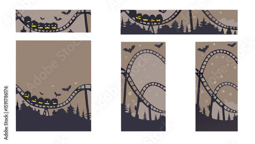 Silhouette of a halloween themed roller coaster with bats and pumpkin train cars in the night scene