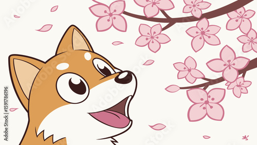 Vector art of a cute shiba inu looks up at cherry blossoms on a branch