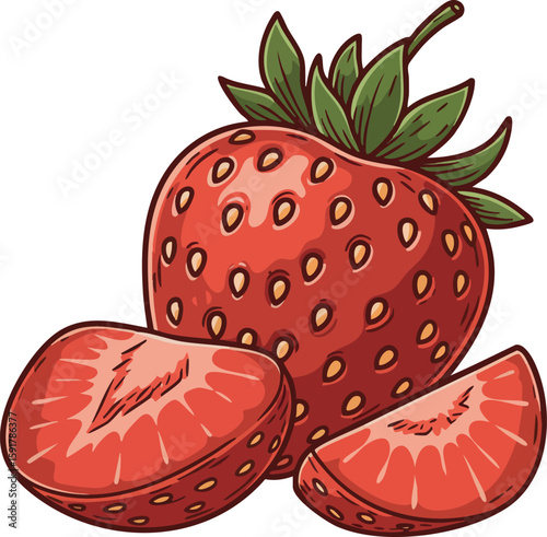 Fresh ripe strawberry fruit with green leaves and sliced pieces vector illustration