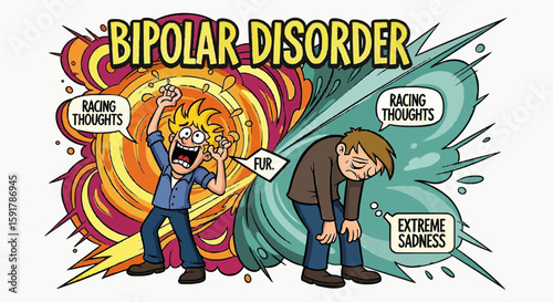 Cartoon Illustration of Bipolar Disorder – Manic and Depressive Episodes in One Character