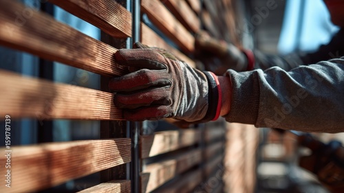 Close-up of construction worker hands installing wooden privacy fence slats for modern house exterior, focusing on secure gate structure, outdoors boundary design and safety control elements