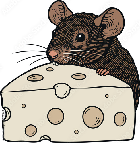 Mouse holding piece of cheese cute rodent animal illustration natural colors