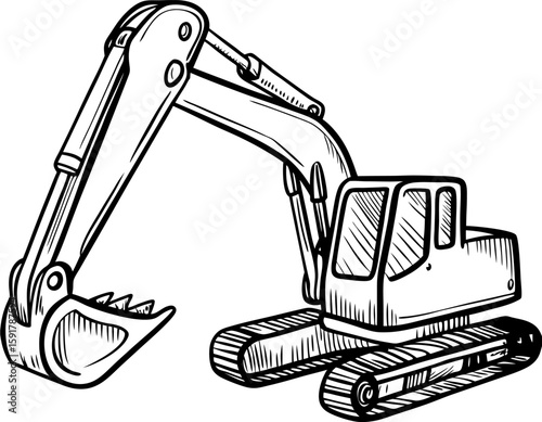 Excavator heavy construction machine detailed black and white illustration with digging arm and crawler tracks