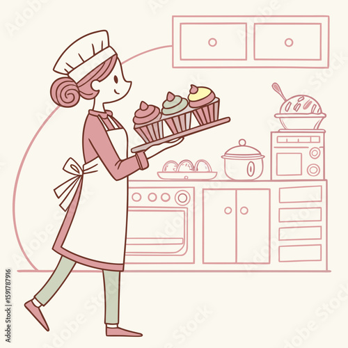 Vector art of a cheerful baker carries a tray of colorful cupcakes in the kitchen