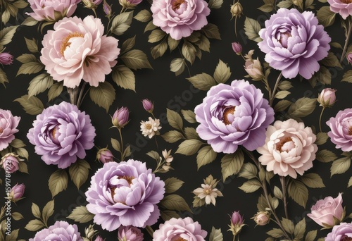  Lavender Olive Vintage Floral Wallpaper Roses Peonies, Seamless Pattern, French Countryside, Rustic, Elegant, Charming