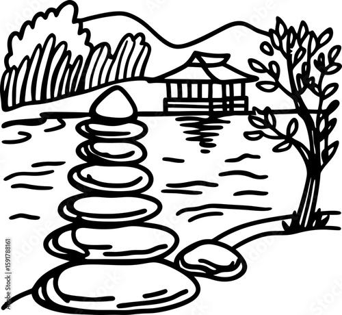 Zen garden rocks and tranquil japanese pavilion by lake, peaceful nature landscape with tree, mountains, and water