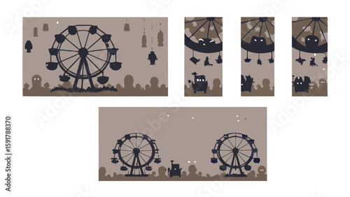 Silhouetted carnival scene with ferris wheels and a carousel against a tan background in a pixelated style