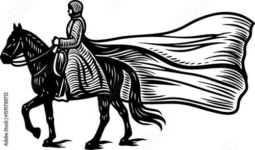 Medieval knight on horseback with flowing cape black and white woodcut illustration, historical warrior concept