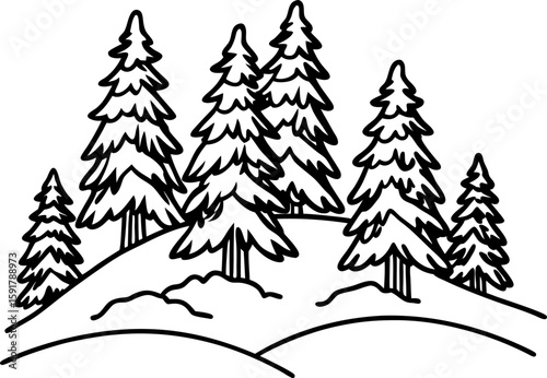 Winter pine trees on snowy hill black and white outline drawing of forest landscape with fir trees and snow