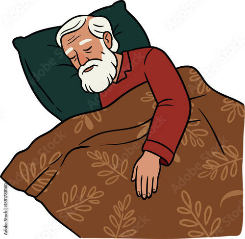 Elderly man sleeping peacefully under brown patterned blanket vector illustration