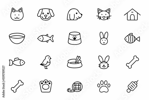 A friendly and heartwarming set of minimalist line drawings of common household pets in various poses