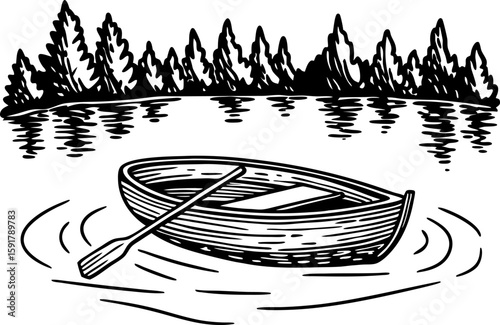 Wooden rowboat floating on calm lake with pine tree forest reflection in water hand drawn sketch illustration