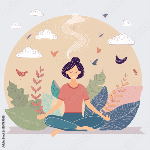 A woman in a lotus position meditates, surrounded by stylized plants, birds, and clouds with smoke rising from her head.