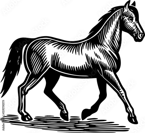 Elegant trotting horse illustration stylized black and white line art, graceful movement, majestic equine animal