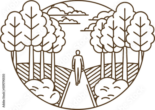 Solitary figure walking along forest path minimalist line art, nature, trees, outdoor landscape, tranquil scenery