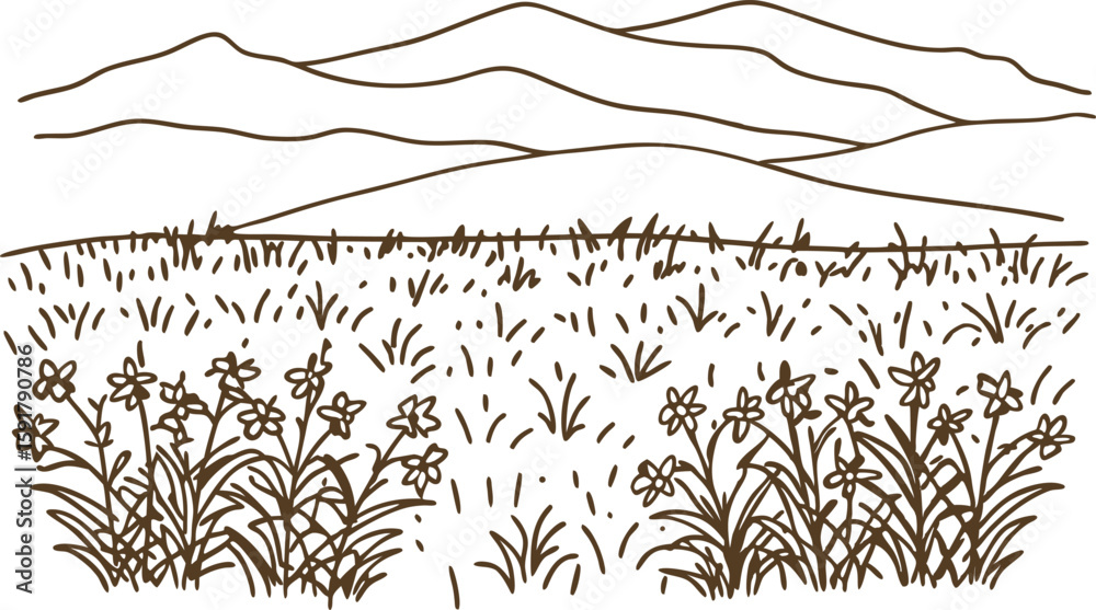 Fototapeta premium Wildflower meadow with mountain landscape outline field grass and blooming flowers, nature scene illustration