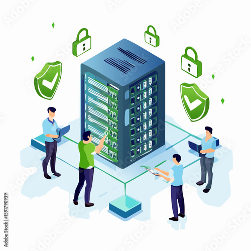Technicians maintain a secure server rack, ensuring data protection and network stability.