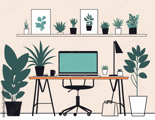 Modern Home Office Setup with Laptop and Plants