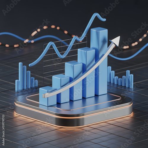 3D Analytics Bar Chart with Trend Lines and Growth, Business Data Visualization