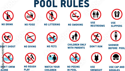 Vector Flat Icon Set of Swimming Pool Rules and Safety Sign Symbols for Public Pools and Aquatic Centers