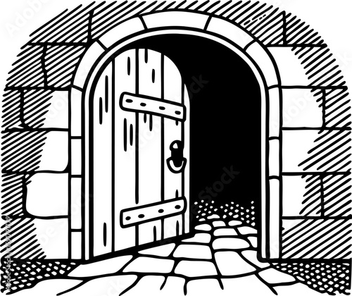 Medieval stone arch doorway with open wooden gate vintage castle entrance, old architecture illustration