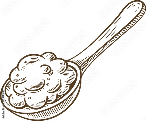 Spoonful of cottage cheese in rustic hand drawn illustration of dairy food, wooden utensil, healthy snack
