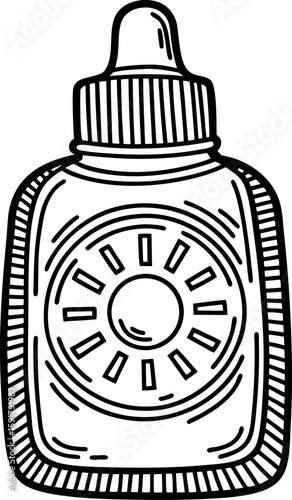 Hand drawn sunscreen bottle with sun symbol, summer skin protection container, black and white illustration