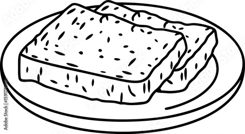 Sliced toasted bread on plate simple black and white food illustration, breakfast concept, isolated graphic