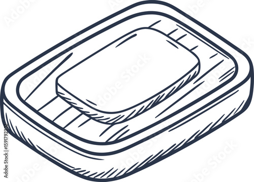 Bar soap in rectangular soap dish minimal clean hygiene concept, hand drawn illustration, bathroom accessory