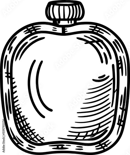 Hand drawn metal hip flask illustration vintage container for liquor or spirits, classic portable bottle sketch