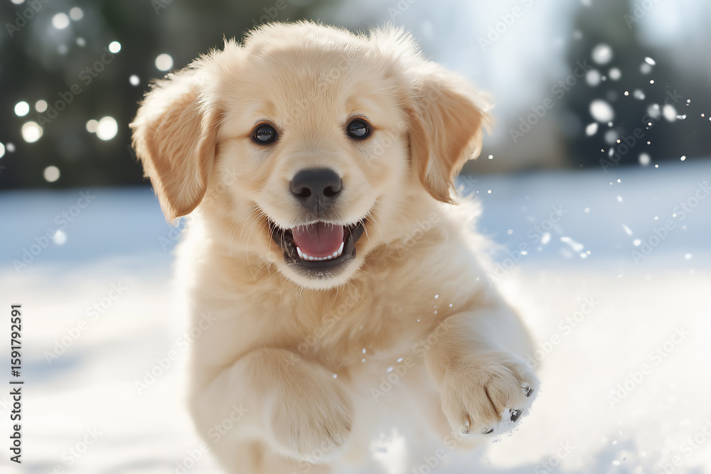 Playful Golden Retriever puppy running in the snow, full of energy and joy Playful Golden Retriever puppy running in the snow, full of energy and joy