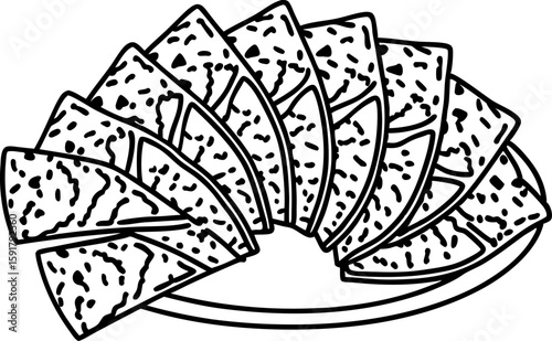 Crispy tortilla chips arranged in a circular pattern on a plate savory snack, appetizer, party food concept